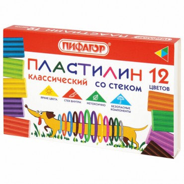 Пластилин 12 цветов 'ПИФАГОР', Весёлая такса, со стеком внутри, 180 г, 106675