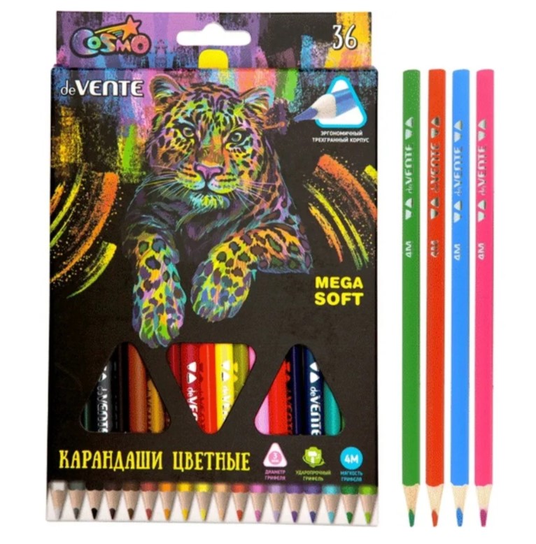 Карандаши цветные деревянные Trio Mega Soft 36цв, deVente, 4М трехгранные, 5025915